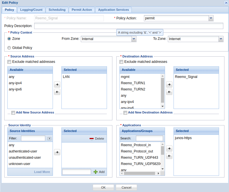 Juniper rule to the signaling server