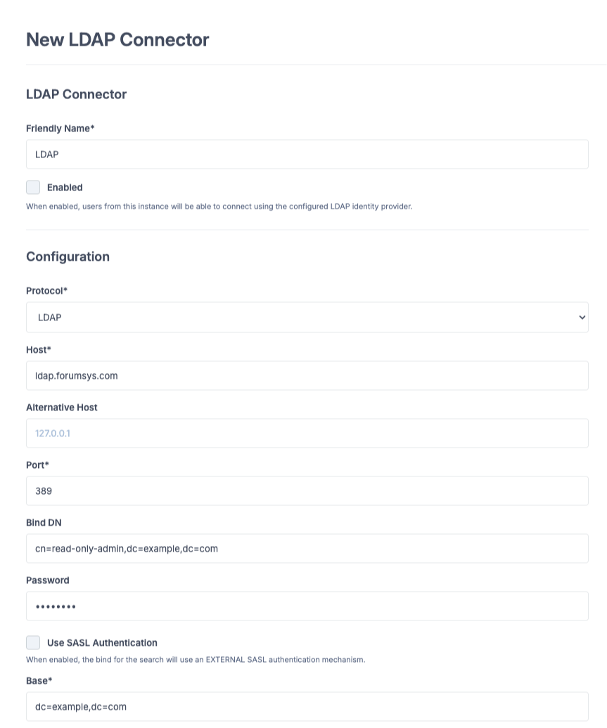 LDAP connector creation form