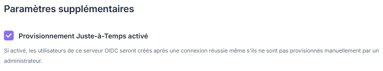 Option Just In Time Provisioning du connecteur OIDC