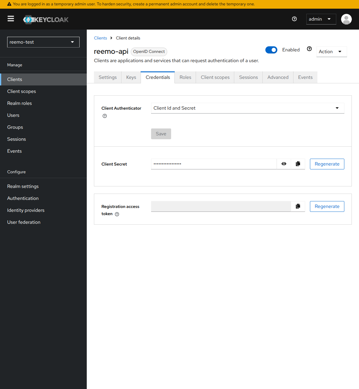 Client secret du client OIDC Keycloak