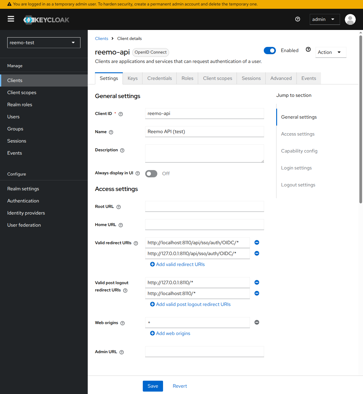 Paramètres du client OIDC Keycloak