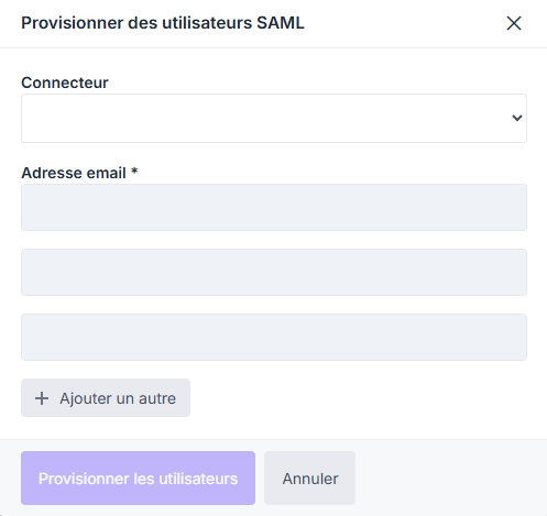 Popup d'ajout d'utilisateurs SAML par e-mail