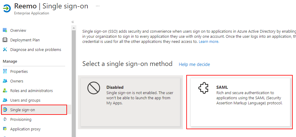 Select SAML as the Single Sign-On method