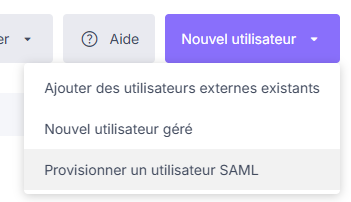 Menu Nouvel utilisateur avec l'option Provisionner un utilisateur SAML