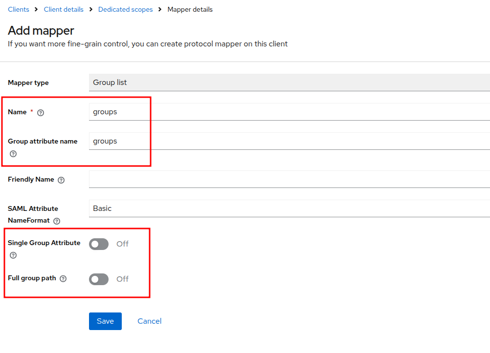 Group list mapper configuration form in Keycloak