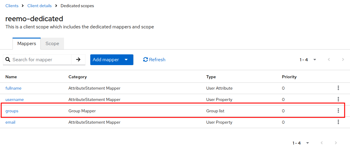 Mapper list showing the groups entry