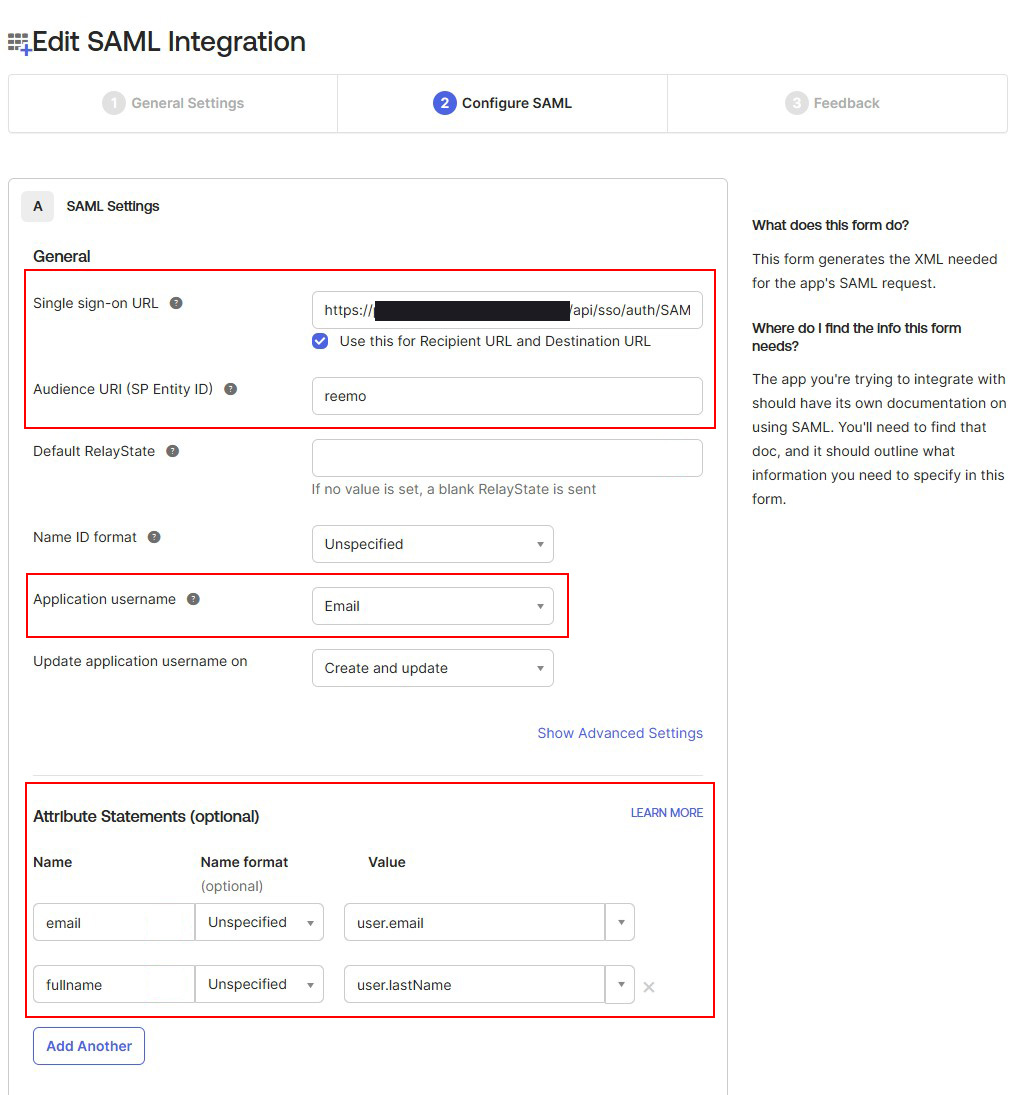 Okta SAML app form