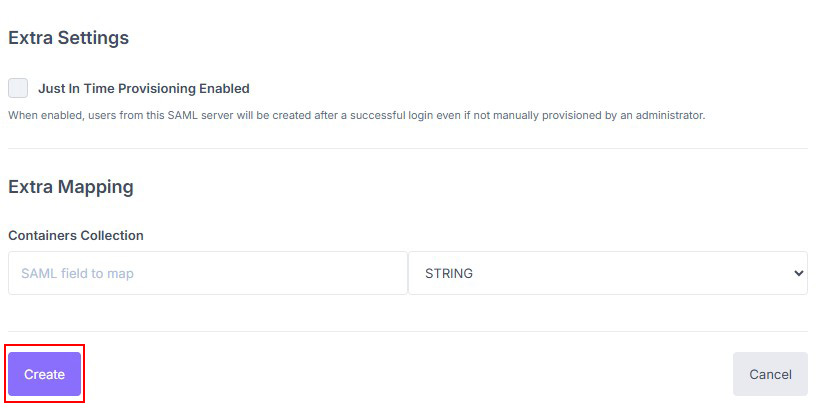 SAML connector creation form