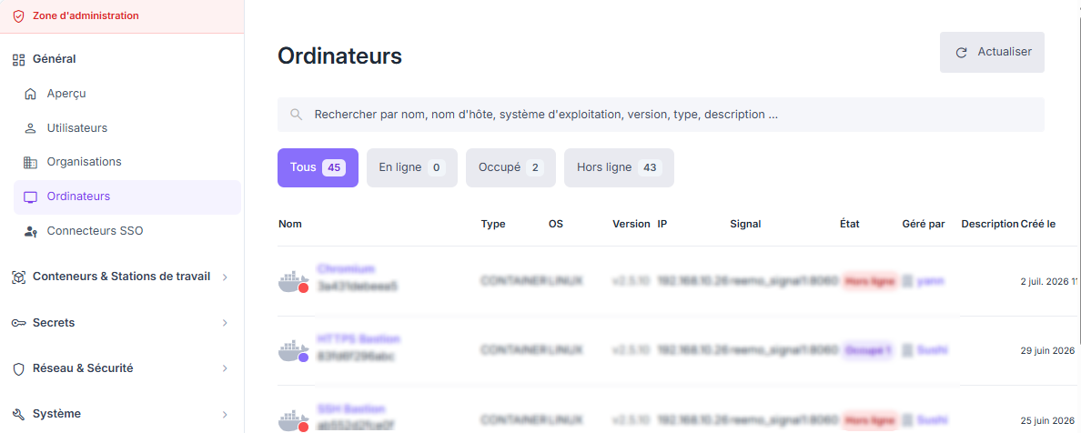 Vue d'ensemble des ordinateurs enregistrés sur la plateforme