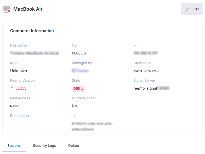 Computer profile with technical information