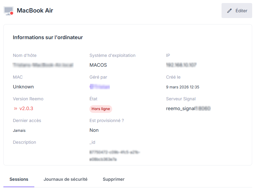 Profil d'un ordinateur avec ses informations techniques