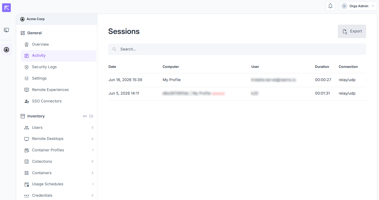 Global view of the organization's activity logs