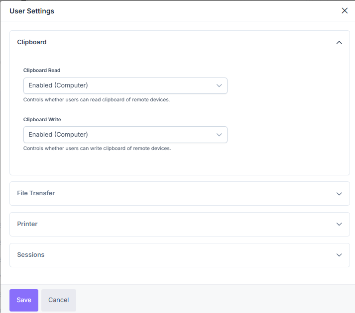 User Settings window