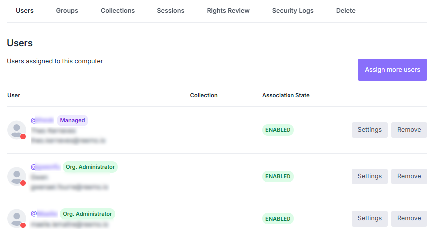 Users tab listing assigned users