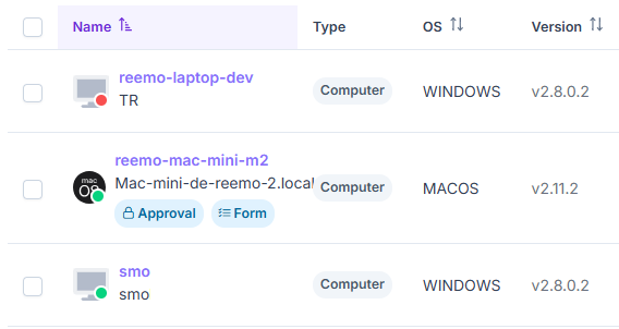 Remote desktops list, with the Approval and Form badges under a resource's name