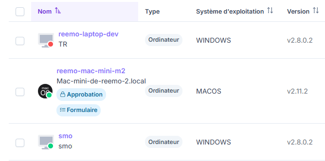 Liste des bureaux à distance, avec les badges Approbation et Formulaire sous le nom d’une ressource