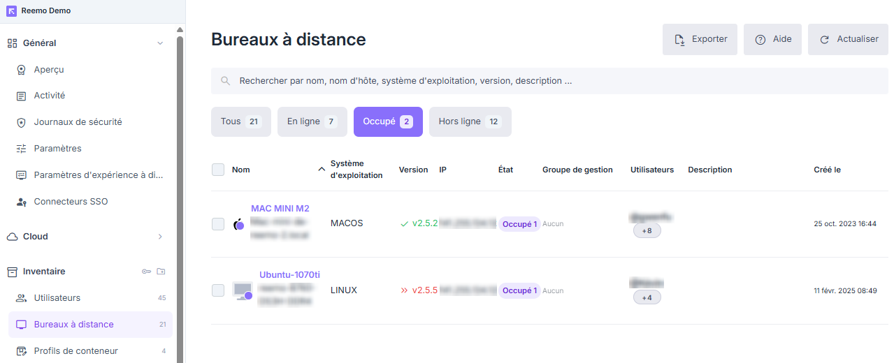 Liste des postes de travail distants