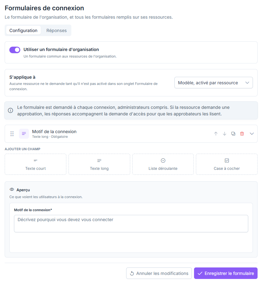 Onglet Configuration de la page Formulaires de connexion, avec le formulaire de l’organisation et son aperçu