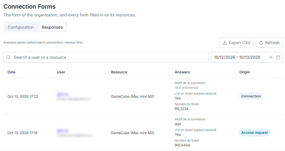 Responses tab, with the search, the period filter and the table of answers