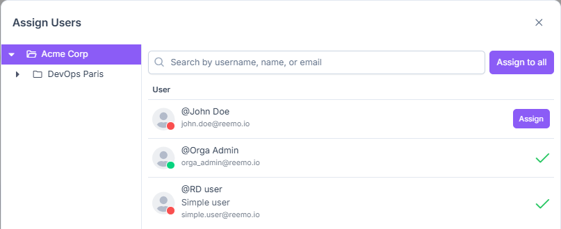 User assignment window for a container profile