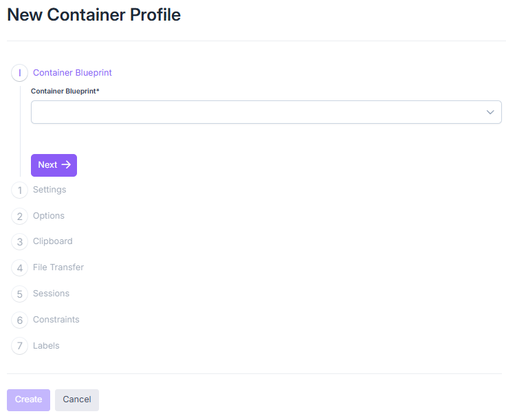 Container profile creation screen