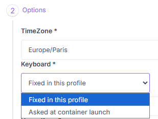 Value Mode dropdown for the Keyboard field, at the Options step of a container profile