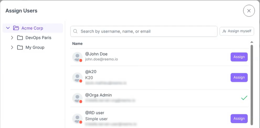 User assignment window for a Remote Experience