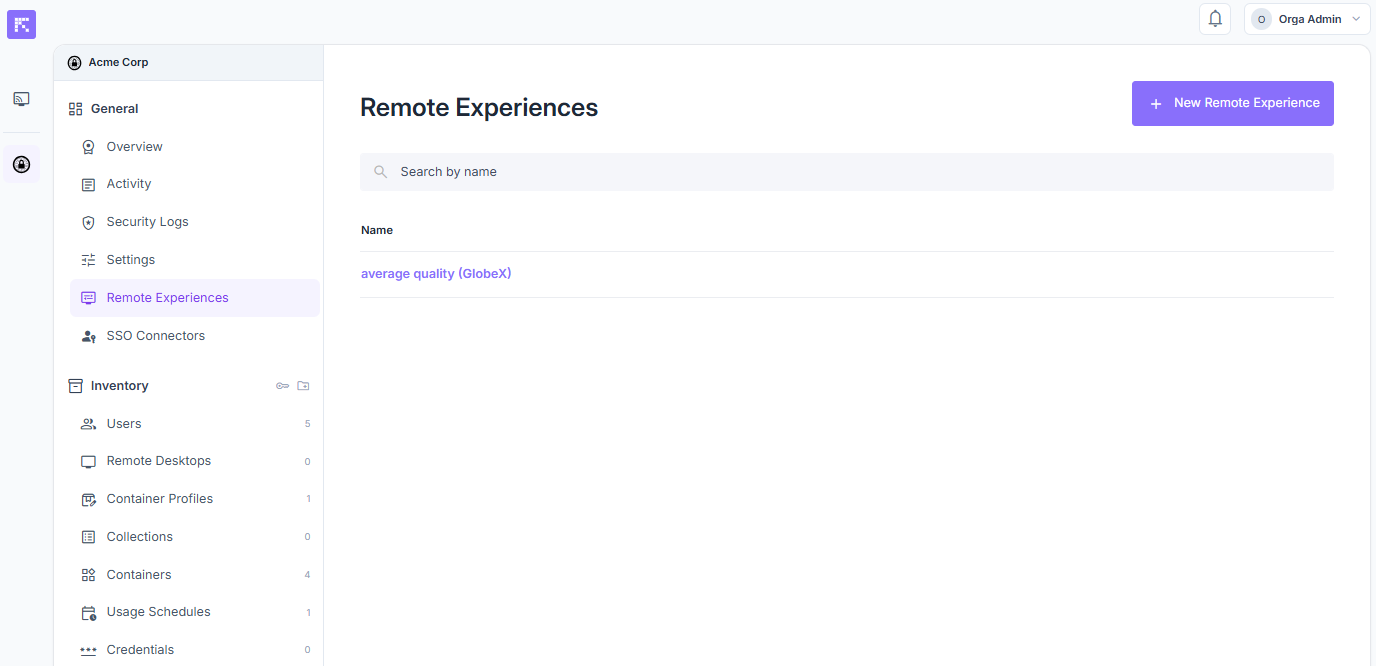 List of Remote Experience profiles for the organization