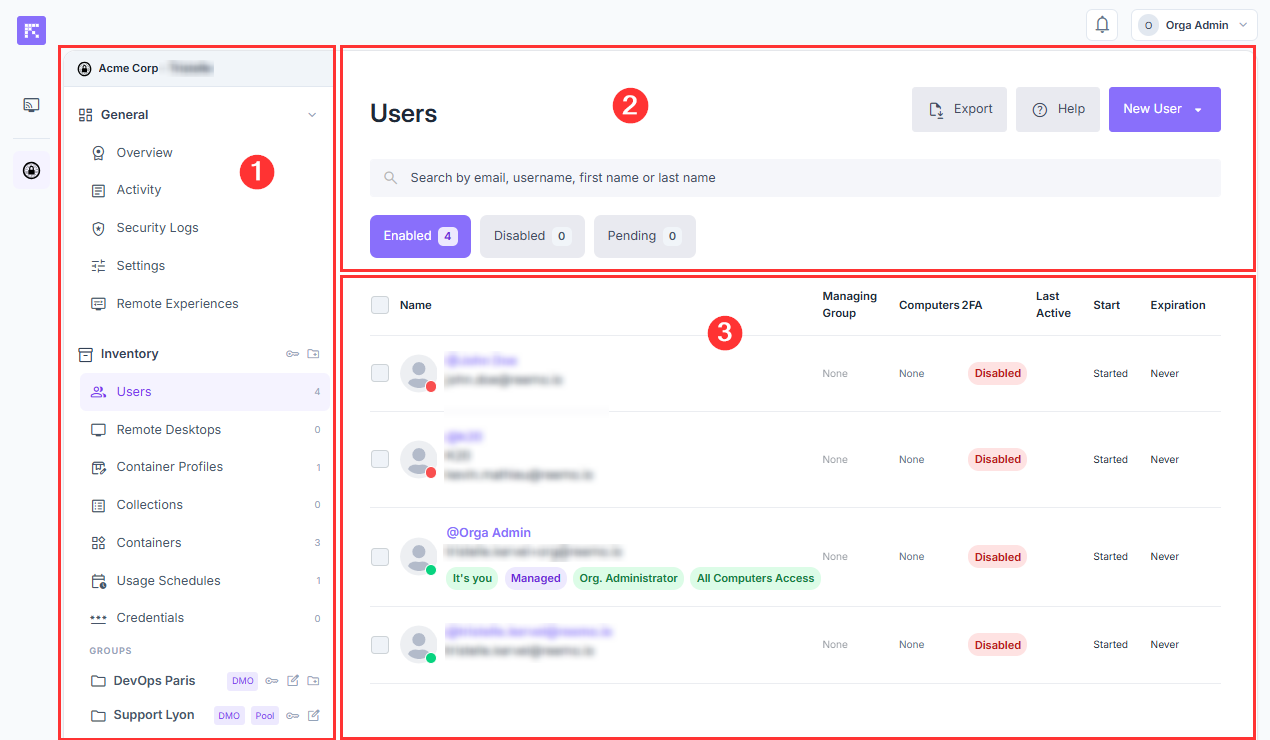 Overview of the organization management interface
