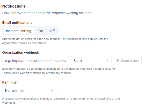 Notifications block of the security settings