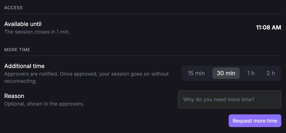 Session tab of the Settings panel, with the session's end time and the request for additional time