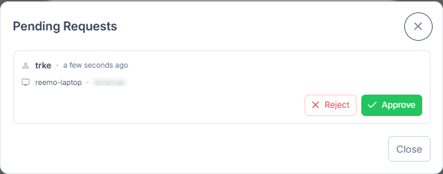 Approve/Reject popup opened from a pending-request notification