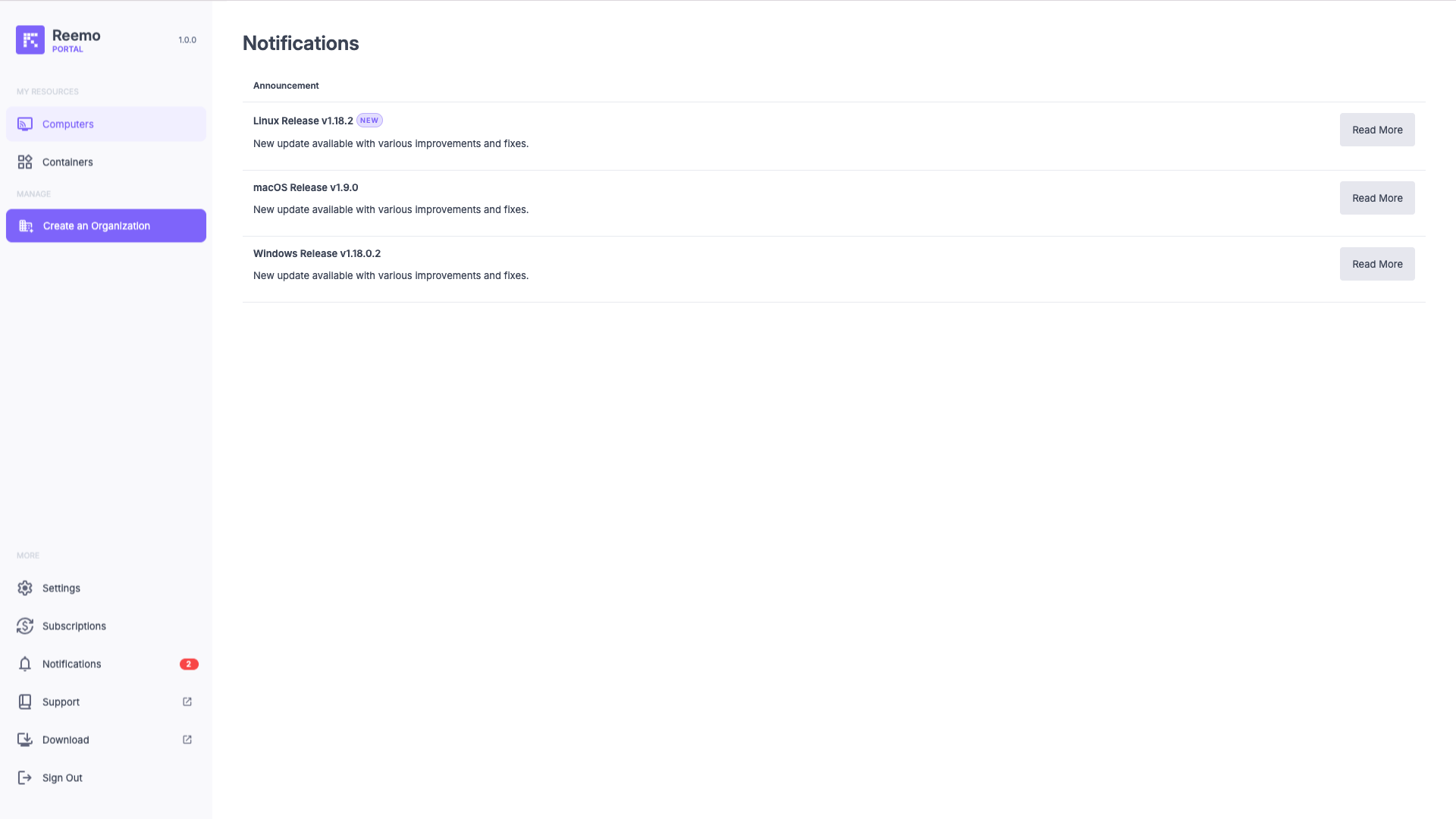 Notifications list