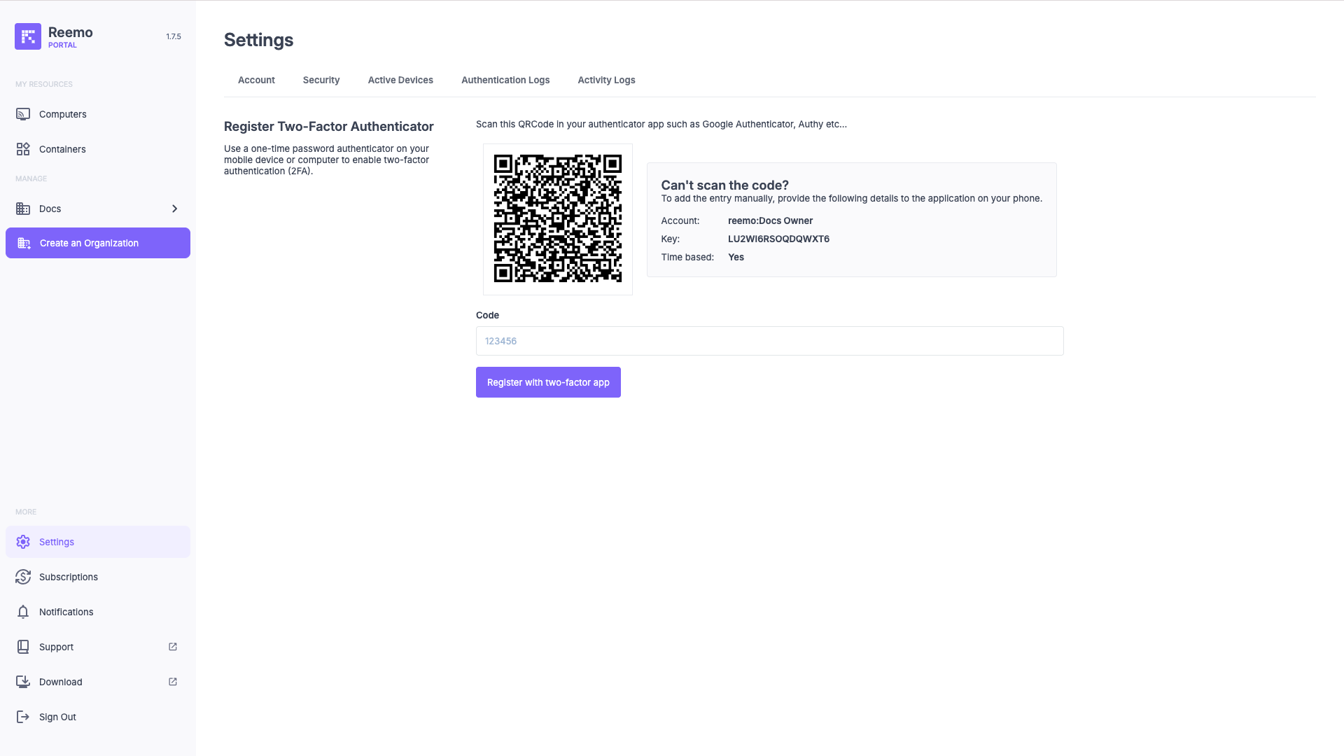 Security 2FA setup